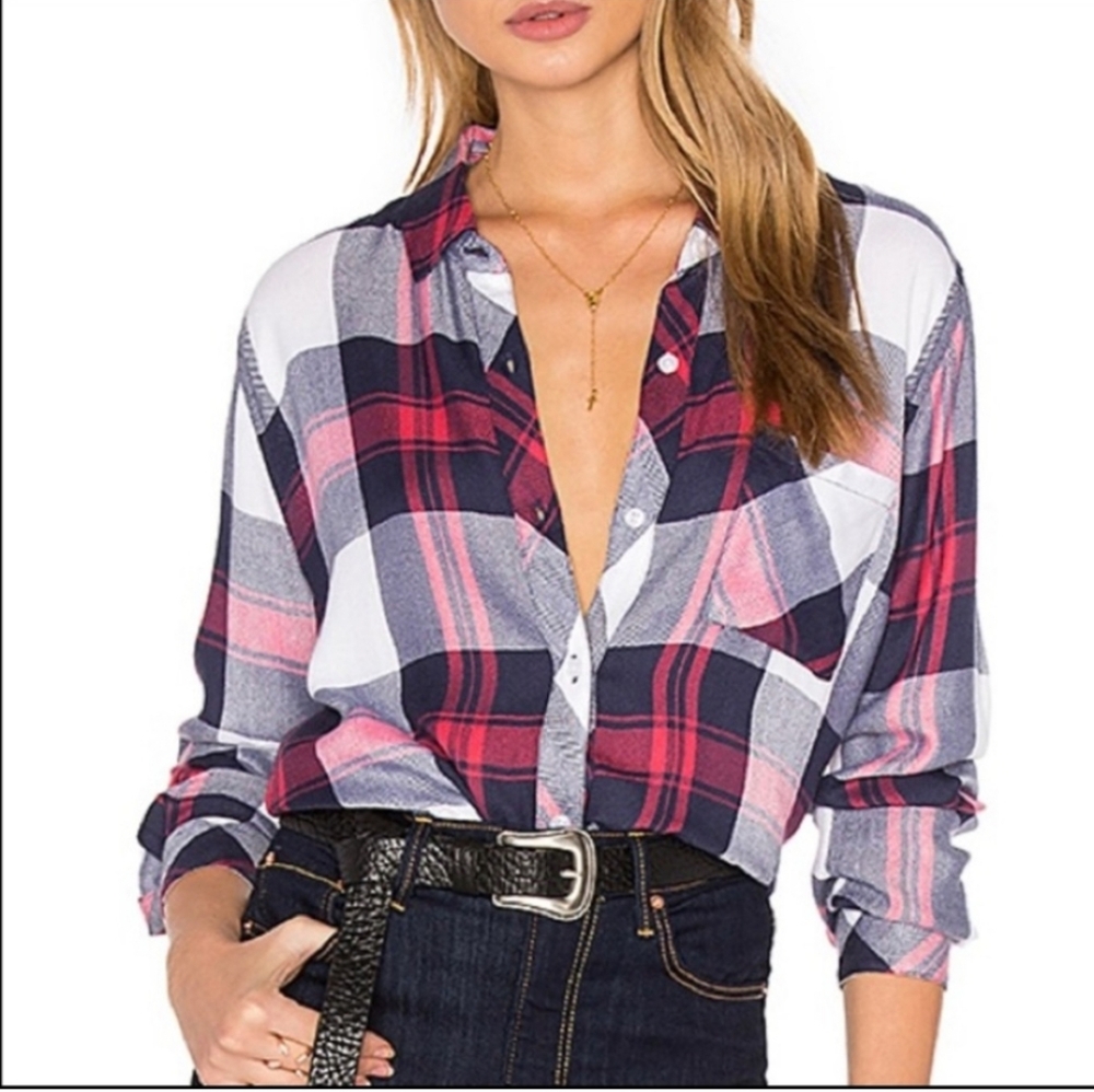 Rails Hunter White Indigo Blush Button Down Top Plaid Red Blue Size XS